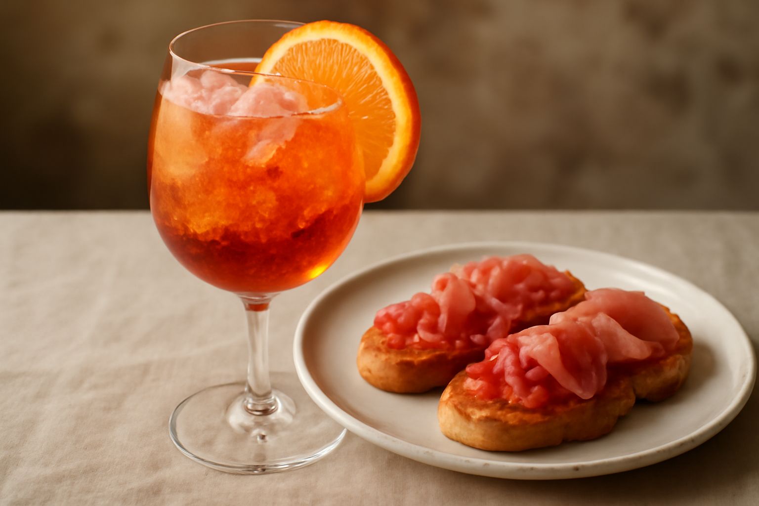 Bicchiere di spritz veneziano con colore arancione corallo, ghiaccio trasparente, fetta d'arancia sul bordo, bollicine visibili nel liquido, servito su tavolo di legno naturale con luce naturale