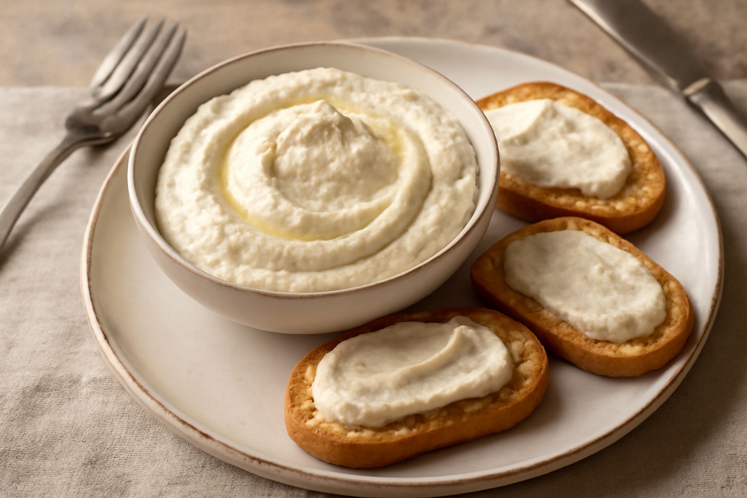Spuma di baccalà beige chiaro in una ciotola bianca, servita con fette di pane tostato, decorata con un filo di olio d'oliva verde e pepe nero macinato