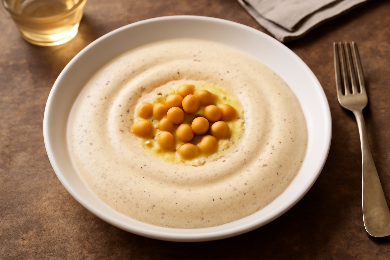 Spuma di ceci beige dorata in una ciotola bianca, decorata con un filo di olio d'oliva e una foglia di prezzemolo fresco