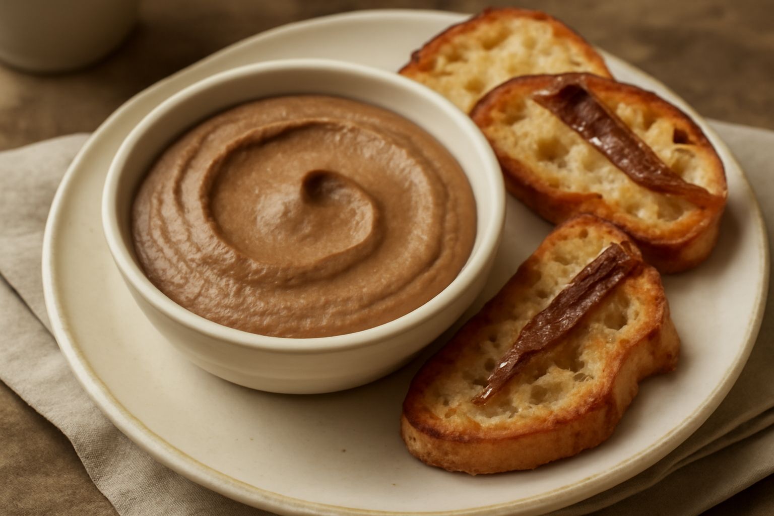 Spuma di fegatini color marrone chiaro servita in una ciotola bassa, con superficie liscia e soffice, guarnita da qualche acciuga cruda e accompagnata da crostini tostati in piatto bianco