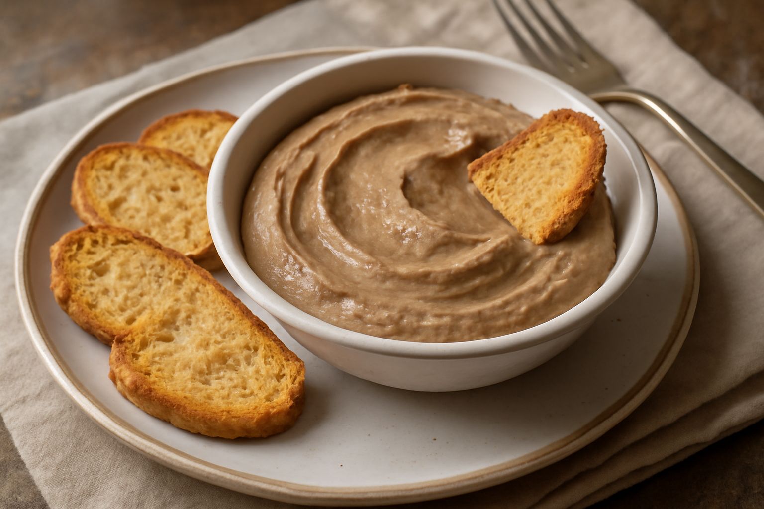 Spuma di fegato marrone chiaro servita in una ciotola bianca, con texture cremosa e levigata, accompagnata da crostini tostati al fianco e un cucchiaio di legno per servire