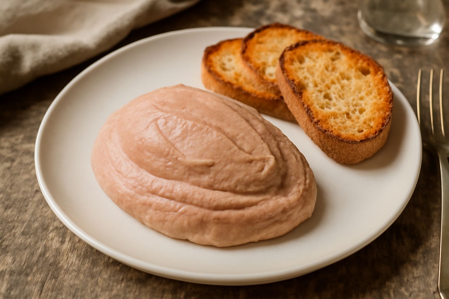 Spuma di fegato di oca di colore rosa tenue servita su un piatto bianco, con una superficie liscia e vellutata, contornata da fette di pane tostato e una foglia di prezzemolo