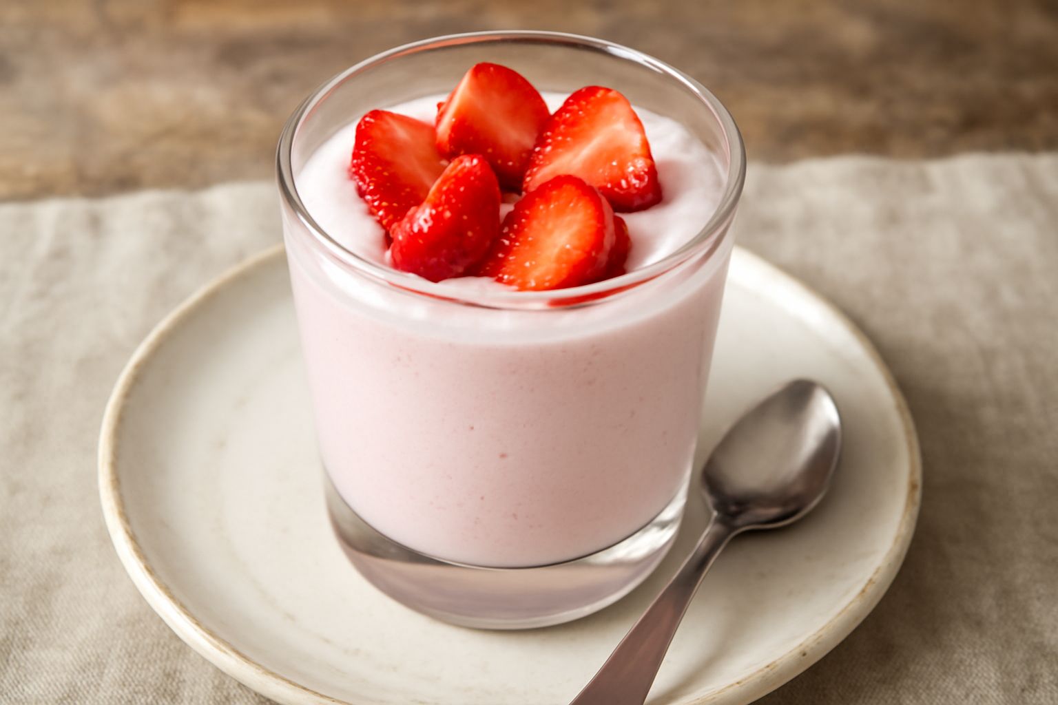 Bicchiere trasparente con spuma di fragola color rosa pallido, servita con fragole fresche tagliate sopra, su un fondo bianco con un cucchiaio di metallo