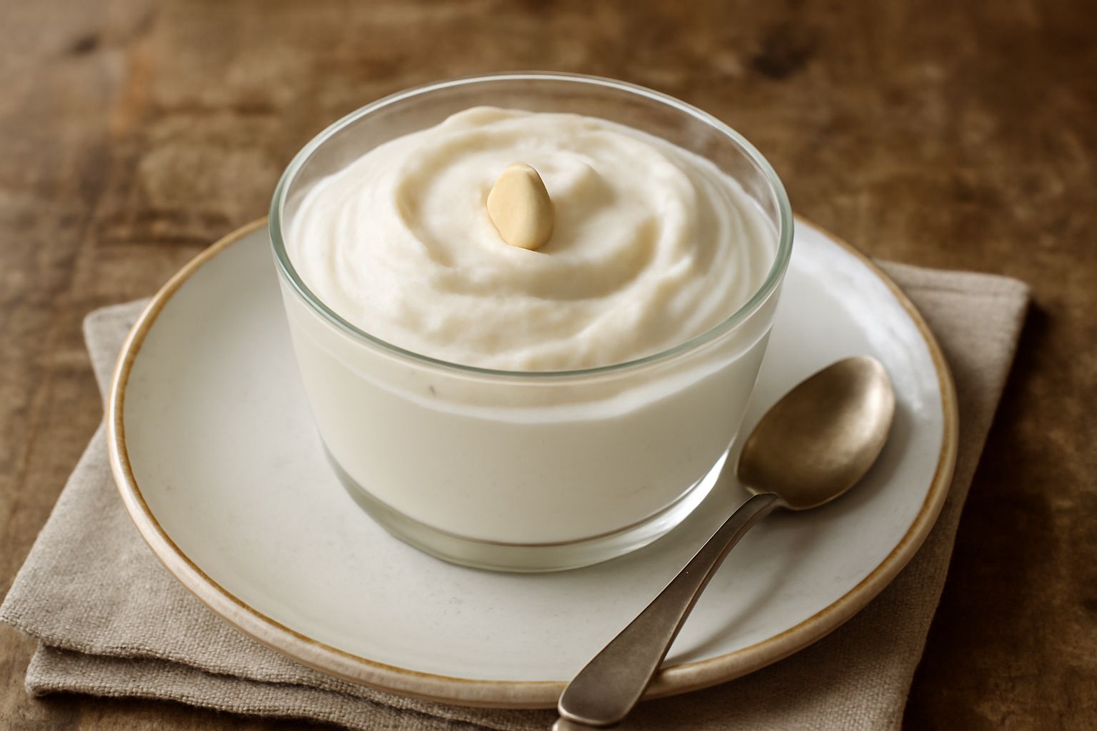 Spuma di mandorla servita in una coppetta di vetro trasparente, color crema chiaro con superficie leggermente ondulata, con due mandorle pelate poste sulla sommità come decorazione