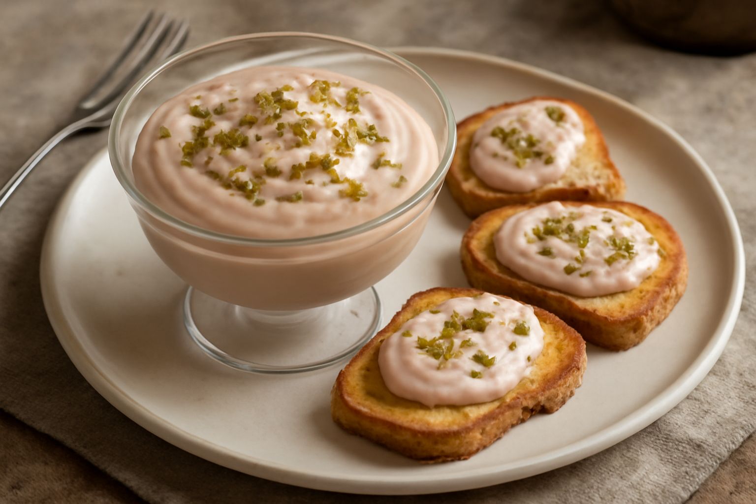 Spuma di mortadella color beige rosato montata in una coppa di vetro, guarnita con pistacchio tritato e un crostino, su sfondo bianco con tovaglietta grigia