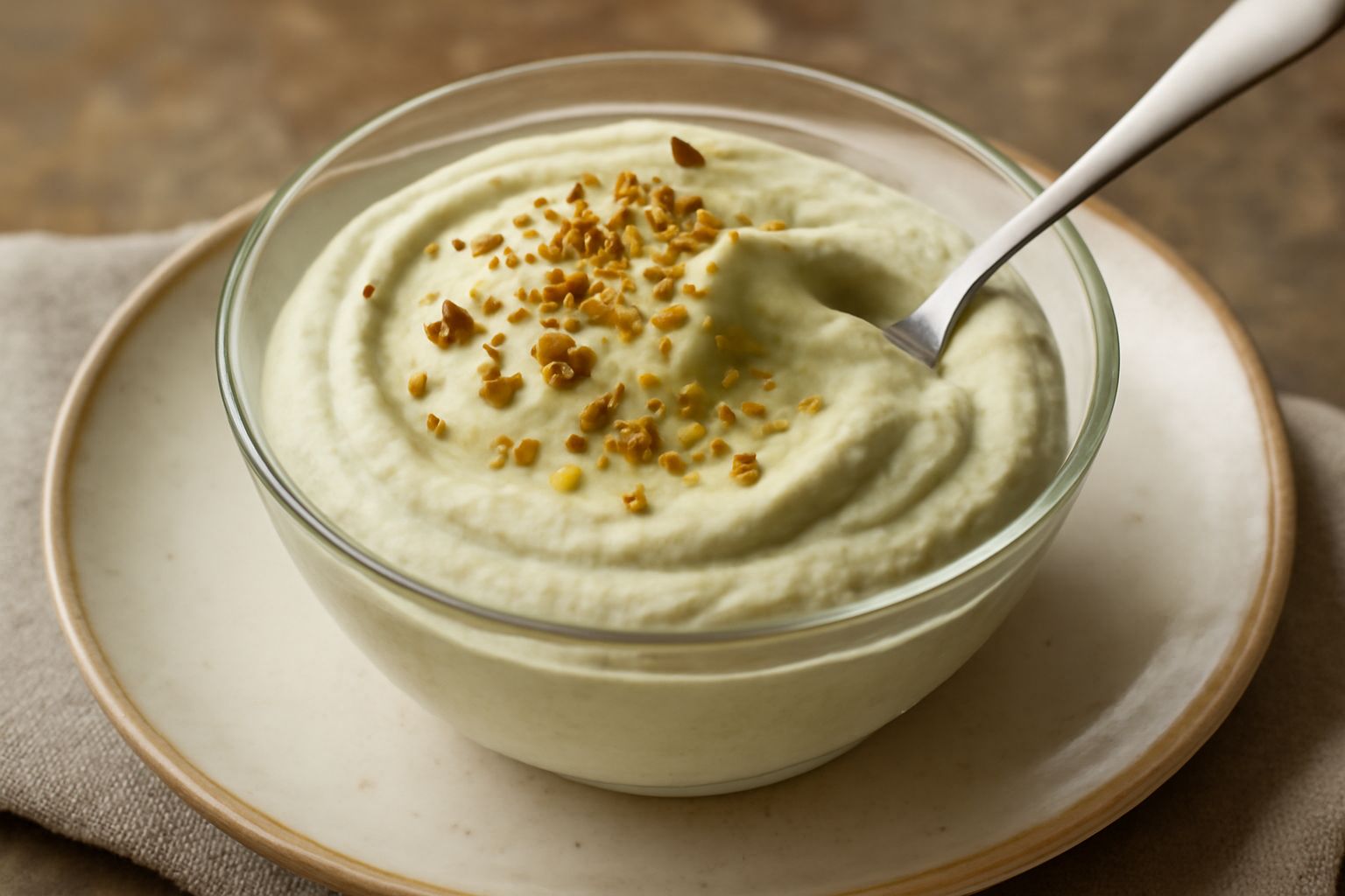 Spuma di pistacchio color crema-verde pallido in coppa di vetro, ariosa e gonfia, decorata con granella di pistacchio e una sottile striscia di pistacchio fresco in cima