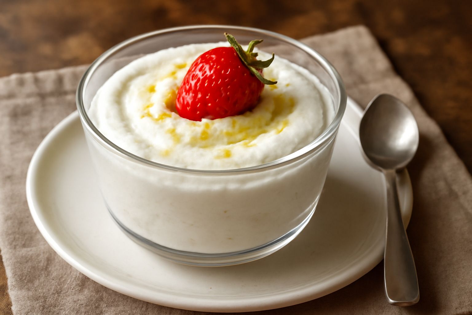 Spuma di ricotta bianca e soffice servita in una coppetta di vetro, con una fragola rossa sulla superficie e una leggera ondulazione che evidenzia la consistenza ariosa, su fondo bianco.