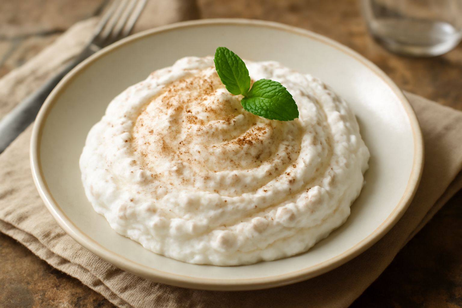 Spuma di ricotta bianca e soffice in una coppa di vetro, con una spolverata di noce moscata macinata sulla superficie e una foglia di menta fresca come guarnizione