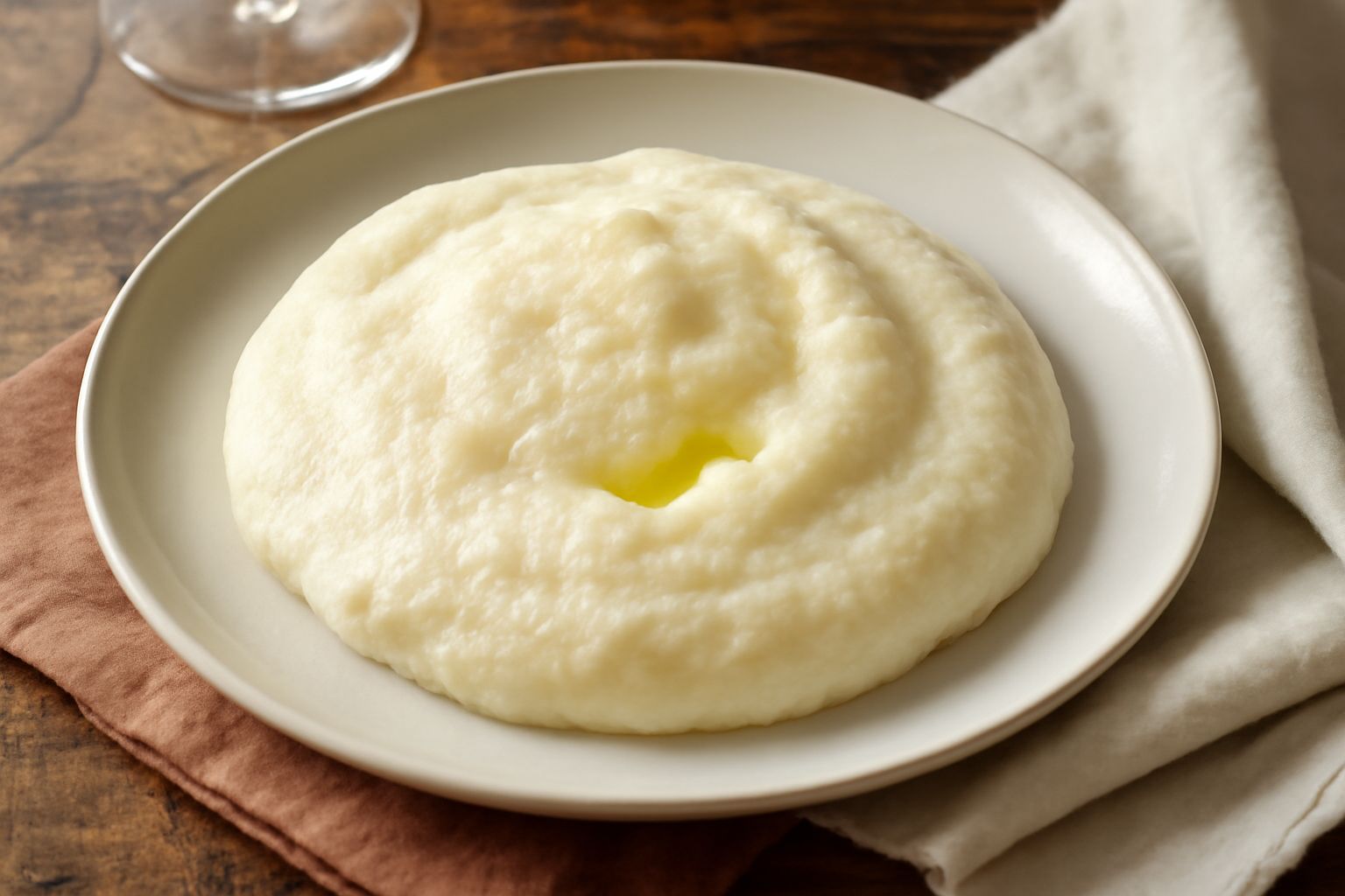 Piatto bianco con spuma di riso color avorio, dalla consistenza soffice e ariosa, guarnita con una goccia di olio d'oliva e un rametto di prezzemolo fresco