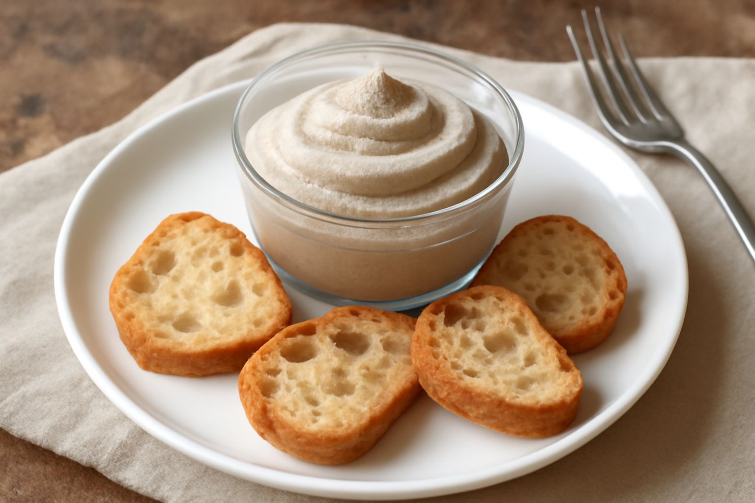 Spuma di tonnina di colore grigio beige, montata in una ciotola trasparente, con superficie morbida e ariosa, guarnita da una foglia di prezzemolo fresco e panini ai cereali di lato