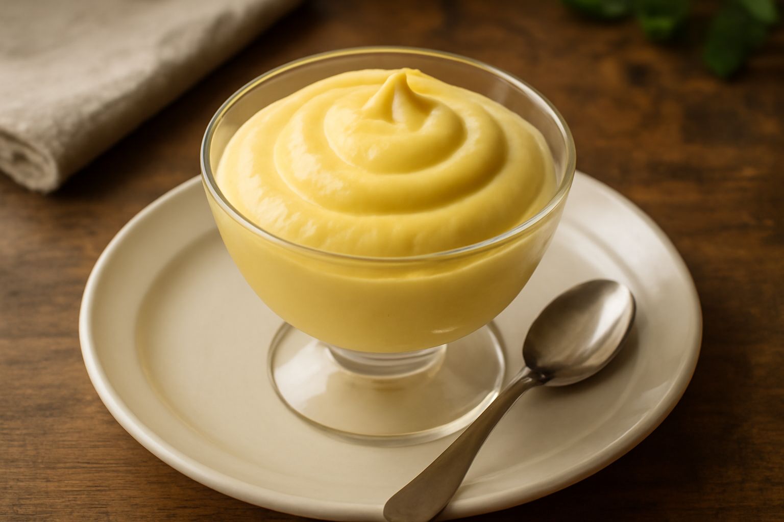 Spuma di zabaione giallo pallido servita in coppa di vetro, con consistenza soffice e cremosa, decorata con una bacchetta di cacao in polvere