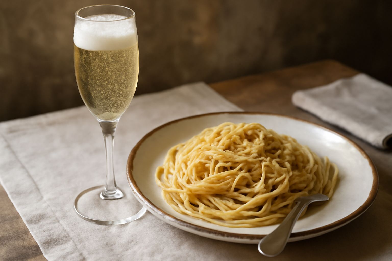 Calice di spumante trasparente con bollicine fini che salgono, bottiglia in secchiello di ghiaccio sullo sfondo, flute cristallino su tavola bianca