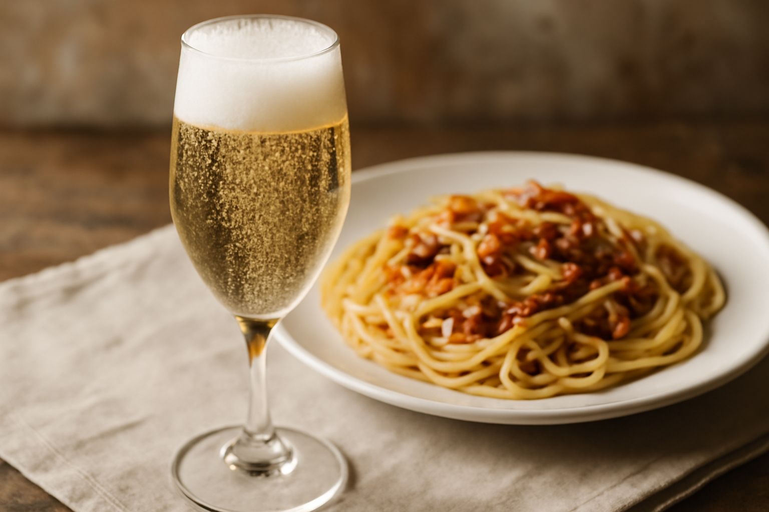 Flute di vetro cristallo riempita di spumante brut con bollicine che risalgono, su fondo neutro con luce naturale