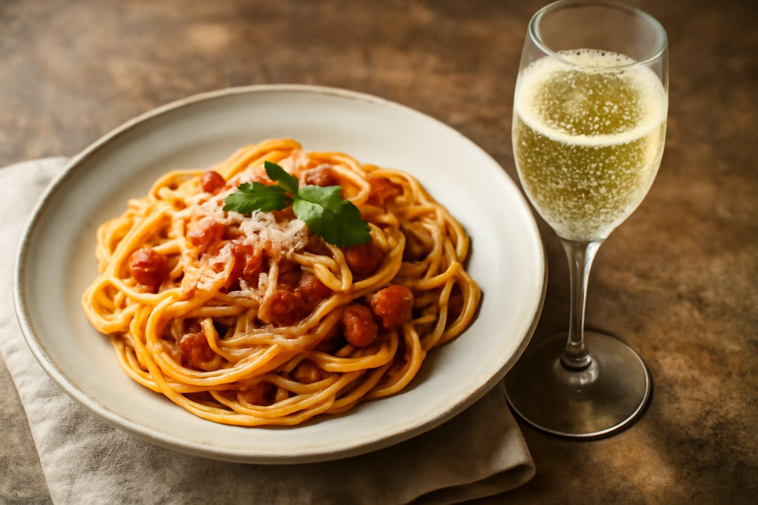 Flute di cristallo con spumante brut pugliese giallo paglierino, bollicine sottili che salgono verso l'alto, calice poggiato su tavolo di legno chiaro con sfondo sfocato di bicchieri e bottiglia ghiac