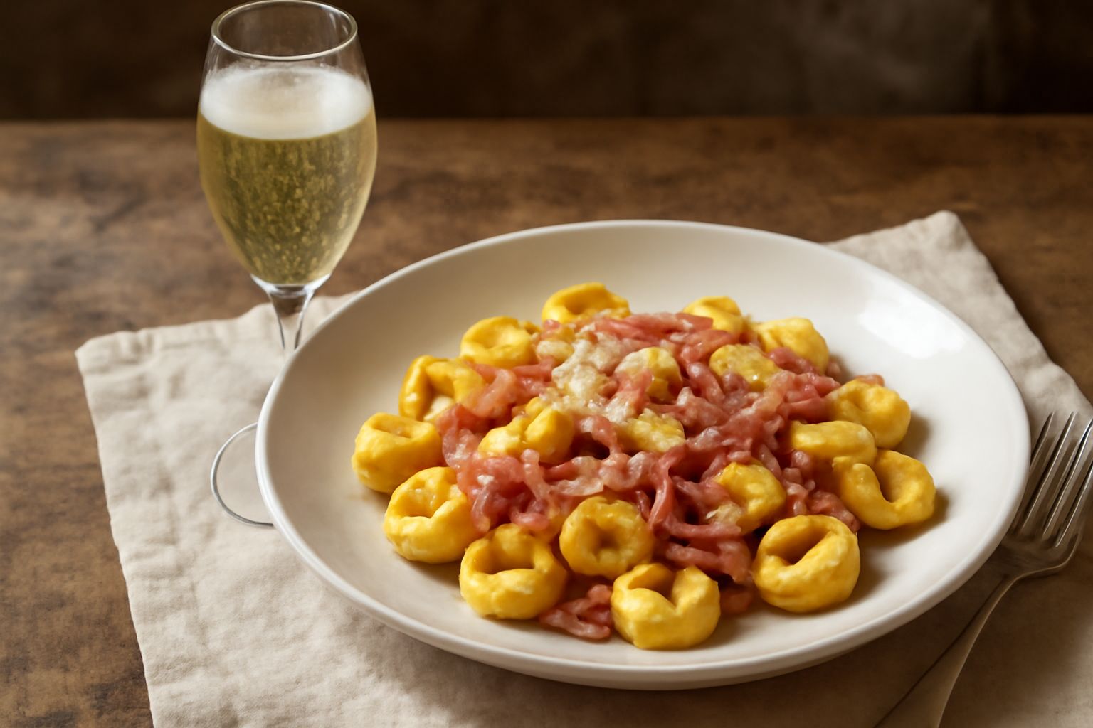 Flute di spumante giallo paglierino frizzante con bollicine visibili, servito in bicchieri trasparenti su tavolo bianco con stuzzichini e olive verdi di contorno
