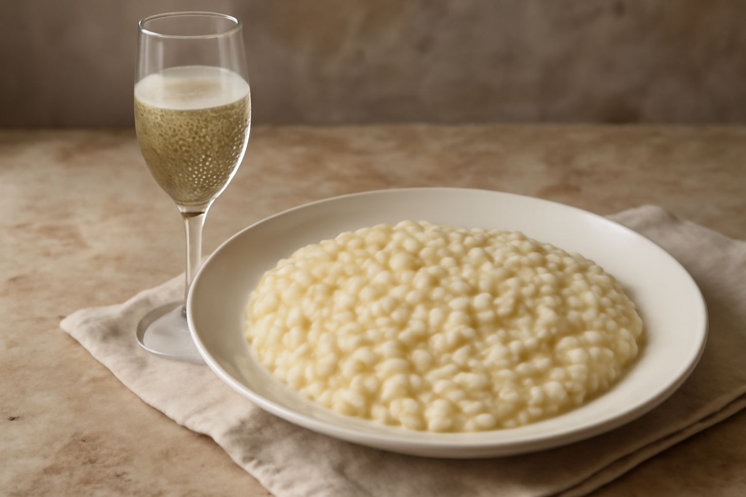 Flute di Franciacorta Satèn versato, con perlage fine e continuo, superficie dorata e luminosa, servito in calice di cristallo trasparente su tavolo bianco