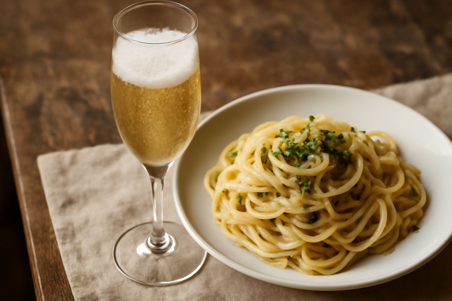 Due flute di cristallo trasparente riempite di spumante friulano chiaro e giallo paglierino, con bollicine fini che salgono verso l'alto, poggiati su un tavolo bianco con qualche chicco d'uva bianca f
