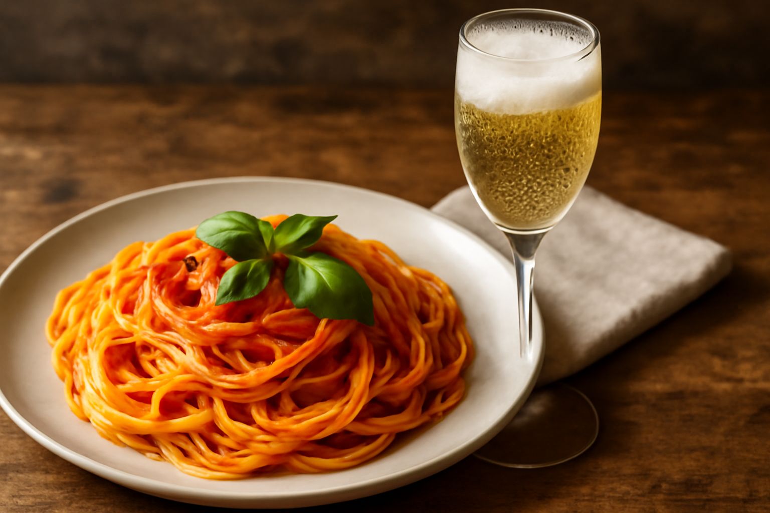 Calice di spumante siciliano color giallo paglierino con bollicine fini, bottiglia di vetro scuro sullo sfondo, tavolo di legno chiaro con piattino di mandorle salate e limone fresco tagliato