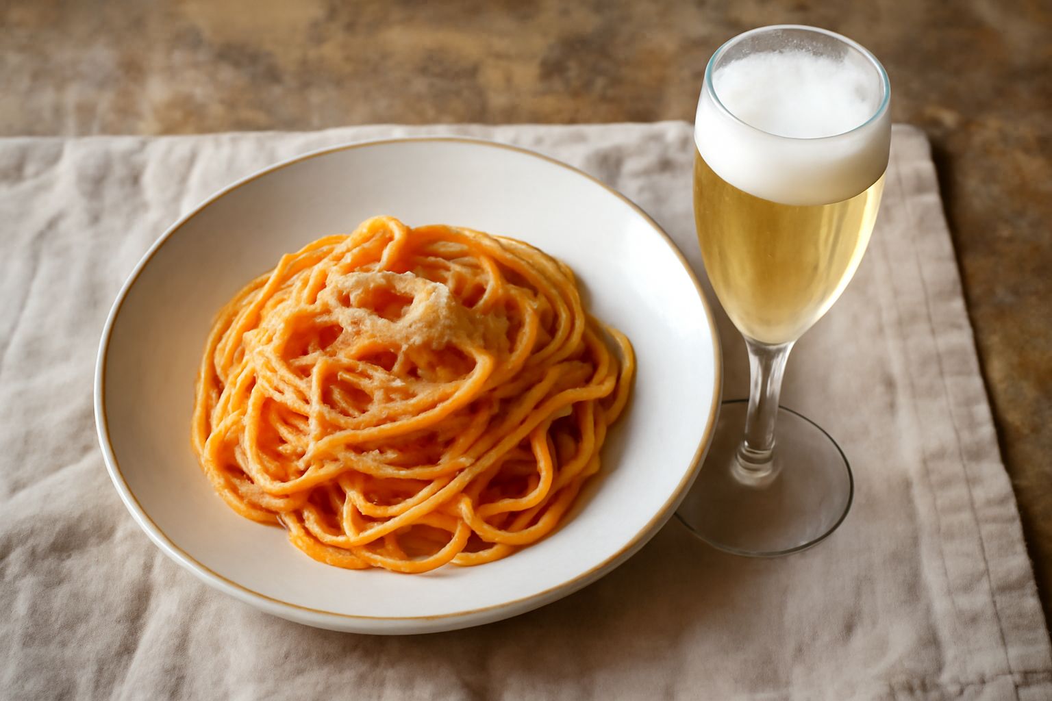 Bicchiere di Spumante Trentino con bollicine trasparenti che salgono verso l'alto, servito in coppa di cristallo su tavolo bianco, con bottiglia in secchiello con ghiaccio sullo sfondo