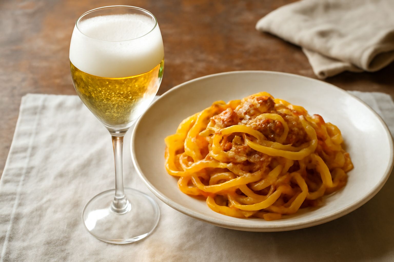 Flute di spumante Trentodoc colmo di bollicine fini, color giallo paglierino, con schiuma cremosa in testa, servito su un tavolo di legno con luce naturale