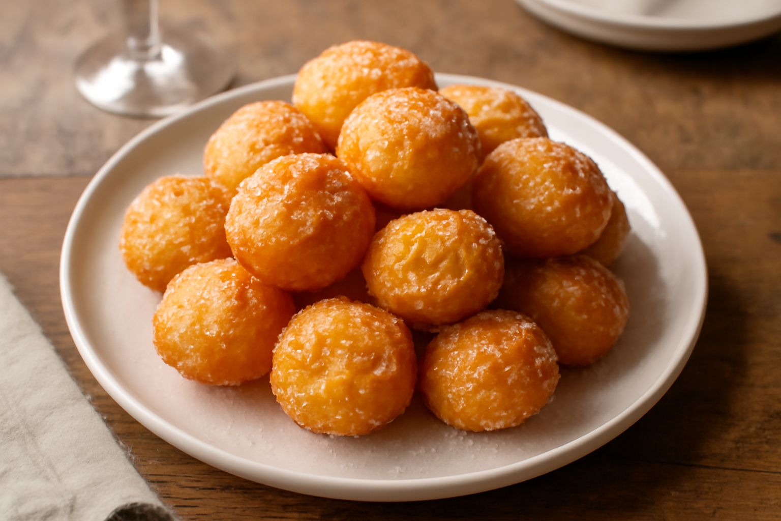 Spumigge dorate e gonfie disposte su un piatto bianco, cosparse di zucchero semolato, con una texture friabile visibile in sezione