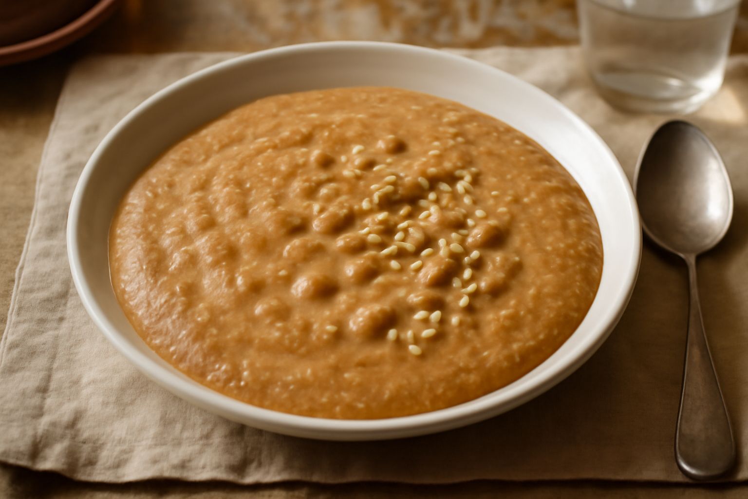 Zuppa cremosa di colore marrone chiaro in ciotola di ceramica bianca, con cucchiaio in legno, servita con pane tostato e olio d'oliva, vapore che sale dalla superficie