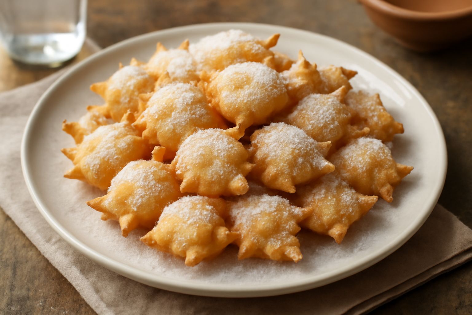 Spumighe dorate e croccanti appena fritte, spruzzate di zucchero a velo, disposte su un piatto bianco con una pallida dorata superficie rigata dalle pieghe della frittura