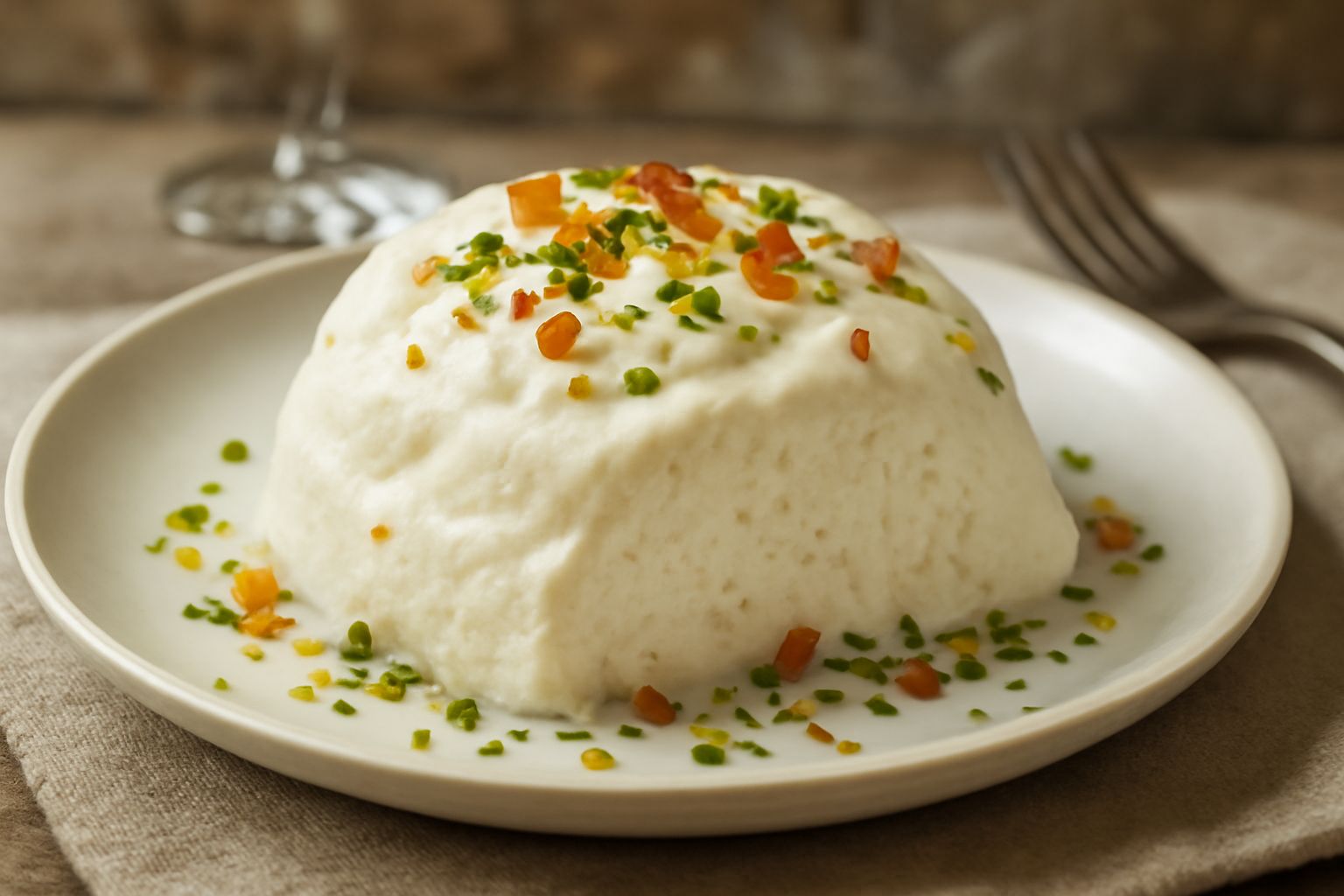 Spumigliata servita in piatto bianco, con superficie cremosa color avorio, guarnita con scaglie di pistacchio verde e pezzetti di canditi colorati, contorno di frutti canditi sul bordo del piatto