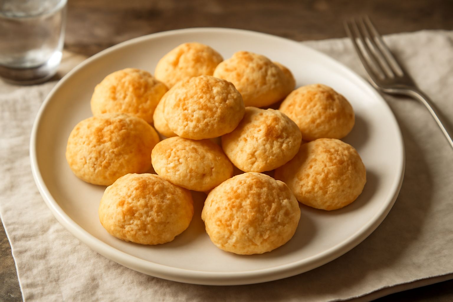 Spumiglie dorate e gonfie su un piatto bianco, biscotti friabili e leggeri con superficie irregolare e porosa, disposti in mucchietto ordinato