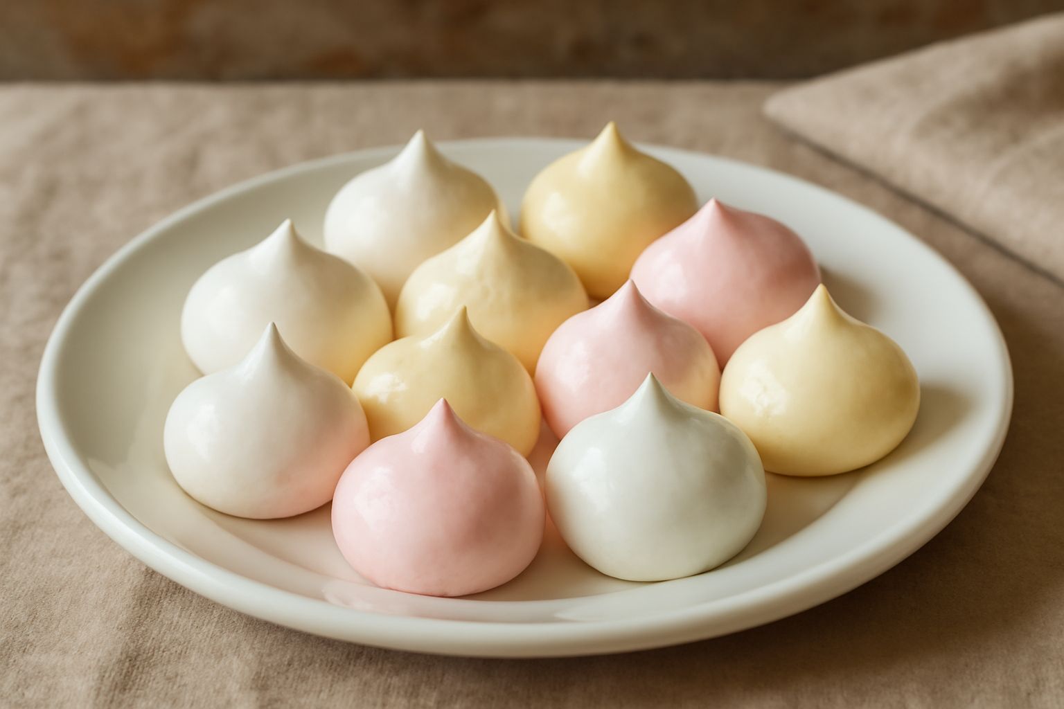 Una manciata di spumini bianchi e rosa disposti su un piatto bianco, con forma di piccoli gocce gonfie, con superficie liscia e laccata, davanti a una tazza di tè caldo