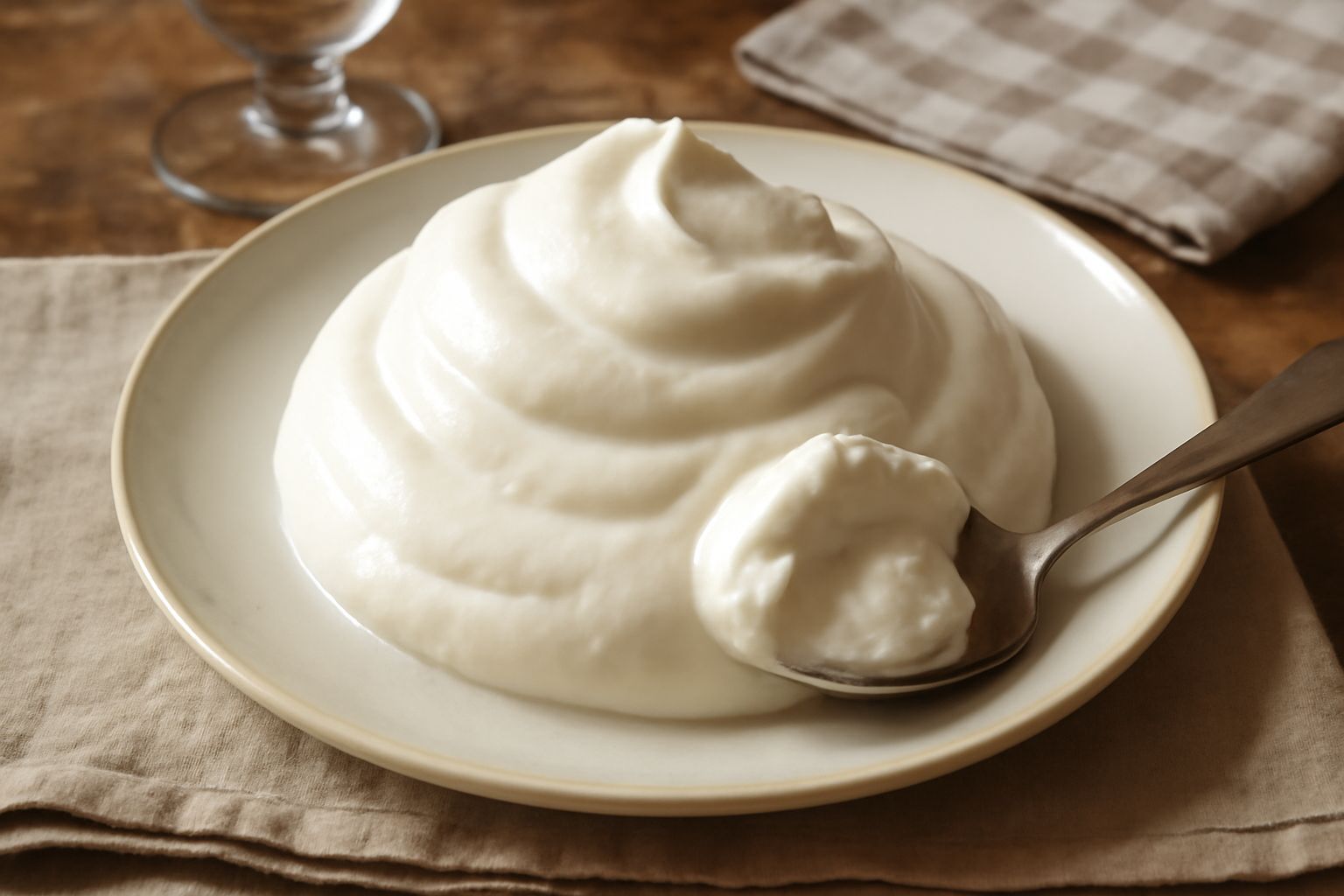 Spumone messinese servito in coppetta trasparente, color bianco panna con striature di granita, decorato con fragola rossa e foglia di menta, con cucchiaio in primo piano