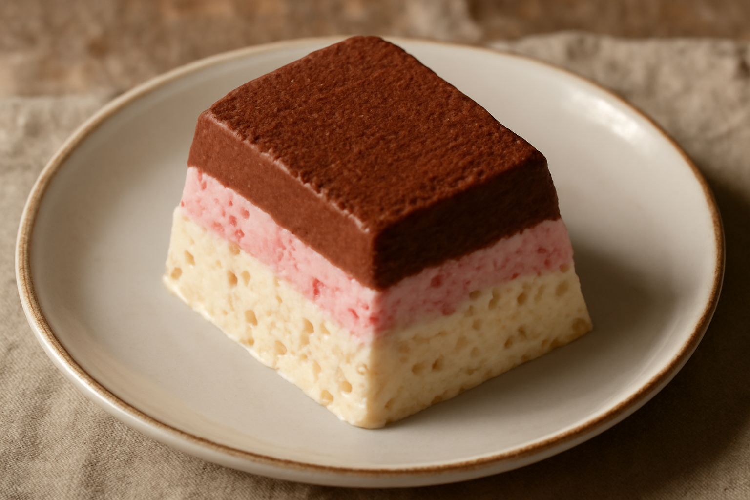 Spumone reggiano affettato a strati: fondo bianco cremoso con nocciole, strato rosa con fragola fresca, strato superiore marrone con cioccolato e canditi, servito in piatto bianco con cucchiaio