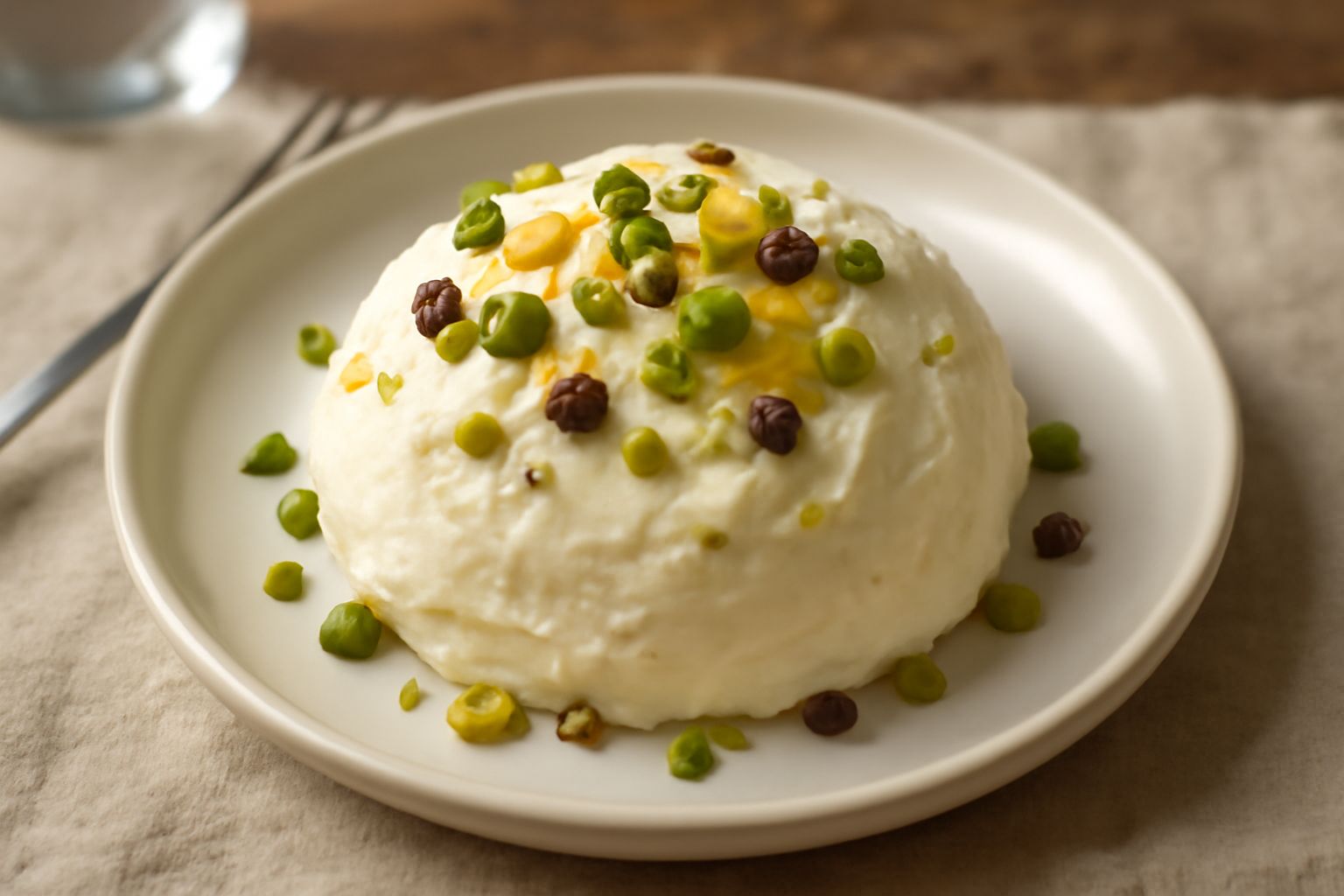 Spumone salentino servito in una coppetta di vetro, cremoso e biancastro, decorato con uvetta, pistacchio tritato e piccoli pezzi di cedro candito, con un cucchiaio accanto
