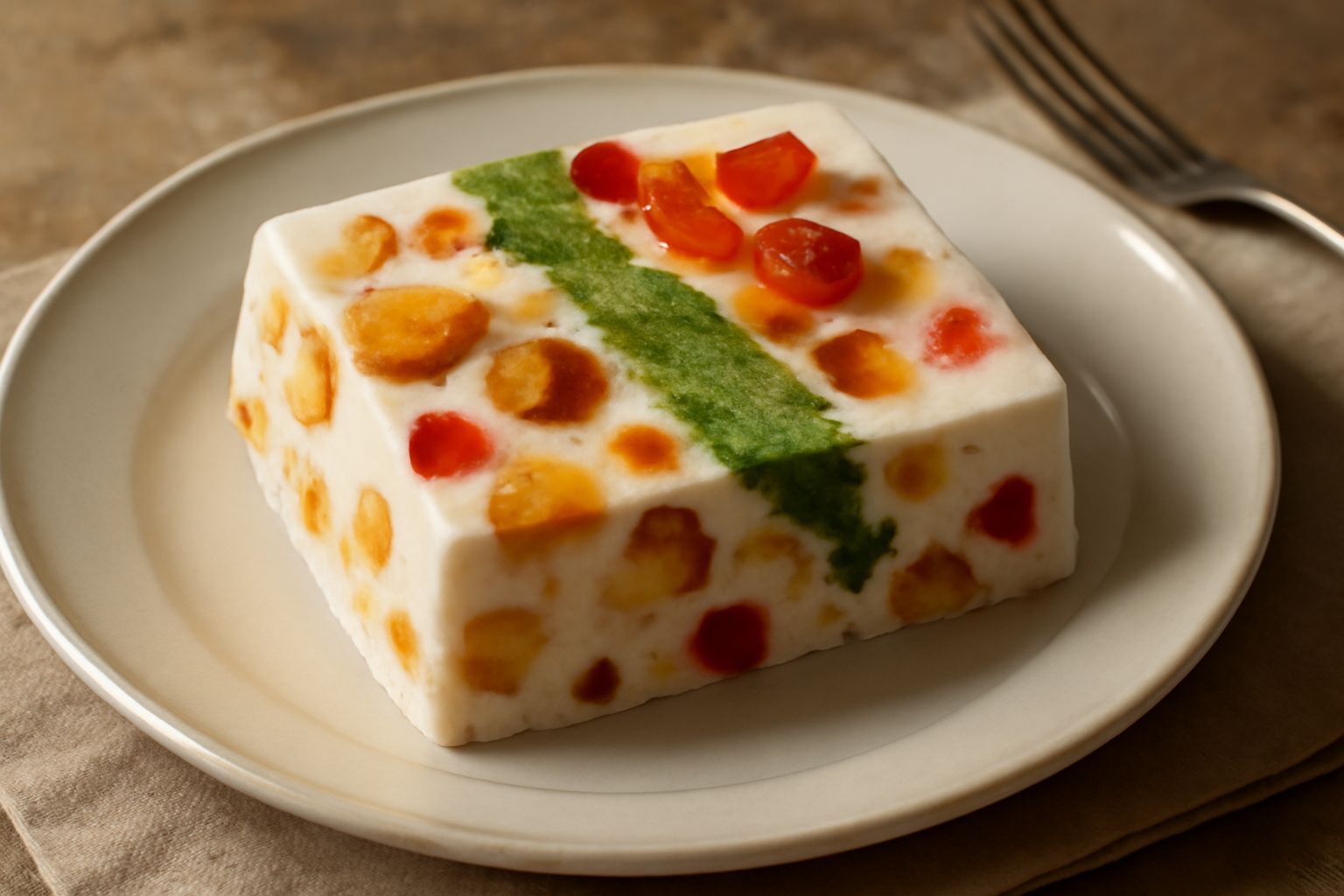 Spumone siciliano affettato nel piatto: rettangolo di gelato con panettone bianco, cubetti di frutta candita gialli e rossi, pistacchio verde brillante, guarnito con granella di pistacchio