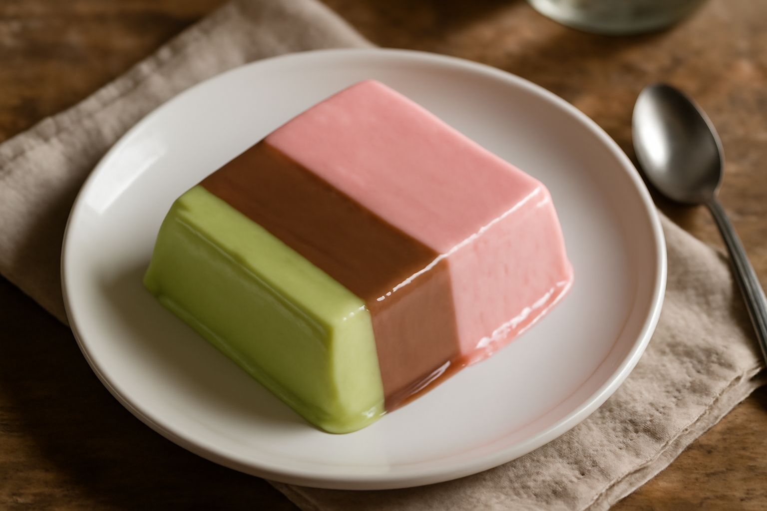 Spumoni tricolore tagliato a fette su un piatto bianco, tre strati netti di colori rosa, marrone e verde, con superficie lucida e cremosa, guarnito con pistacchio tritato sui lati