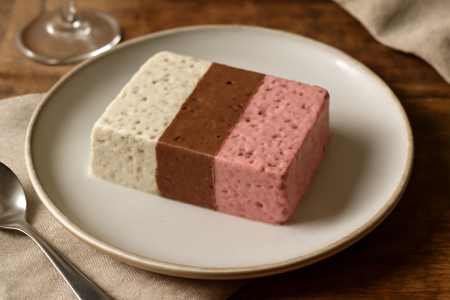 Spumone abruzzese tagliato a fette mostra tre sezioni colorate: una bianca con pistacchio, una marrone con cioccolato e nocciola, una rosa con lampone, guarnito con frutta candita sul piatto bianco