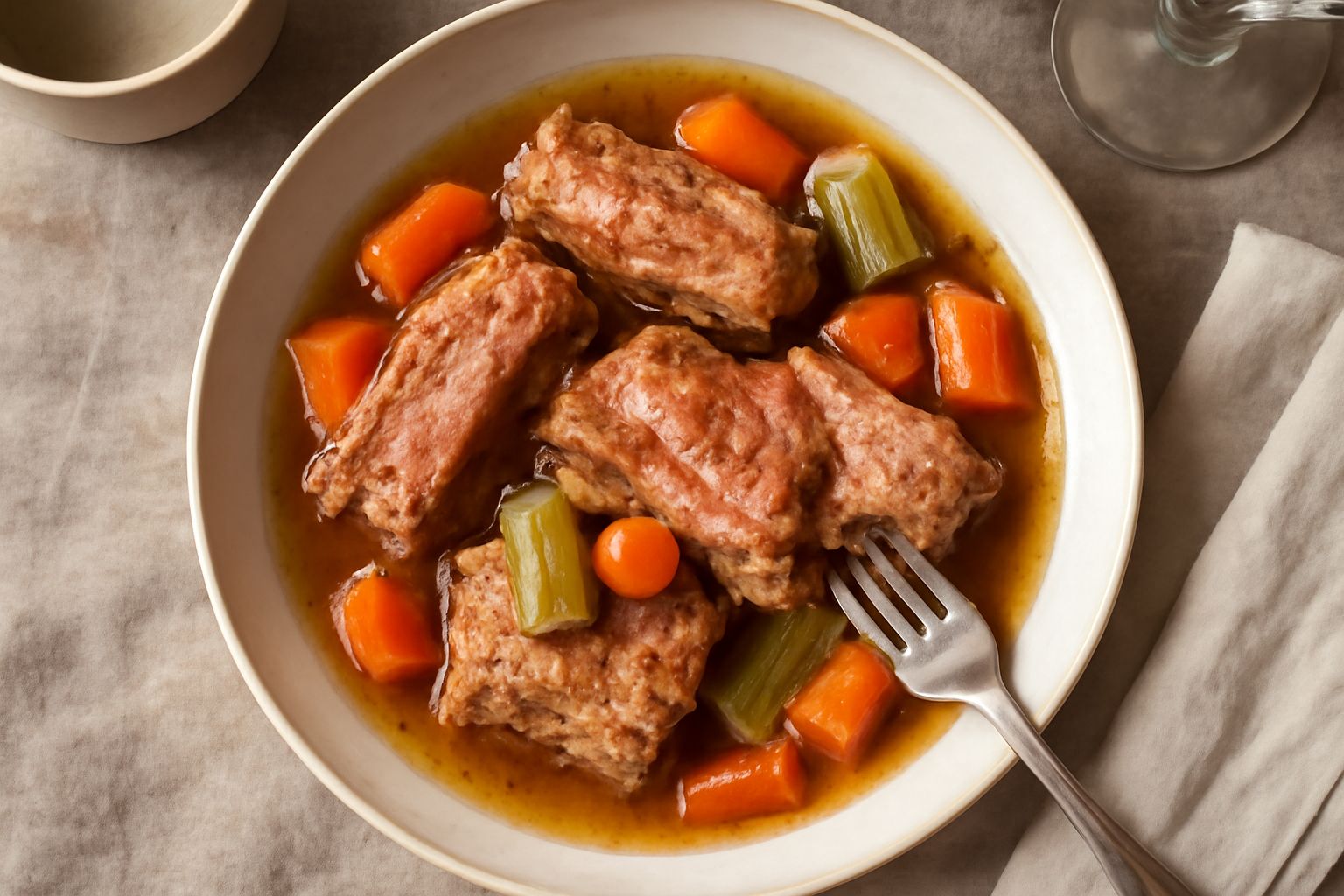 Piatto di ceramica bianca con spuntature di carne rosata in brodo marrone, circondato da carote morbide e sedano, con prezzemolo fresco spolverato in superficie