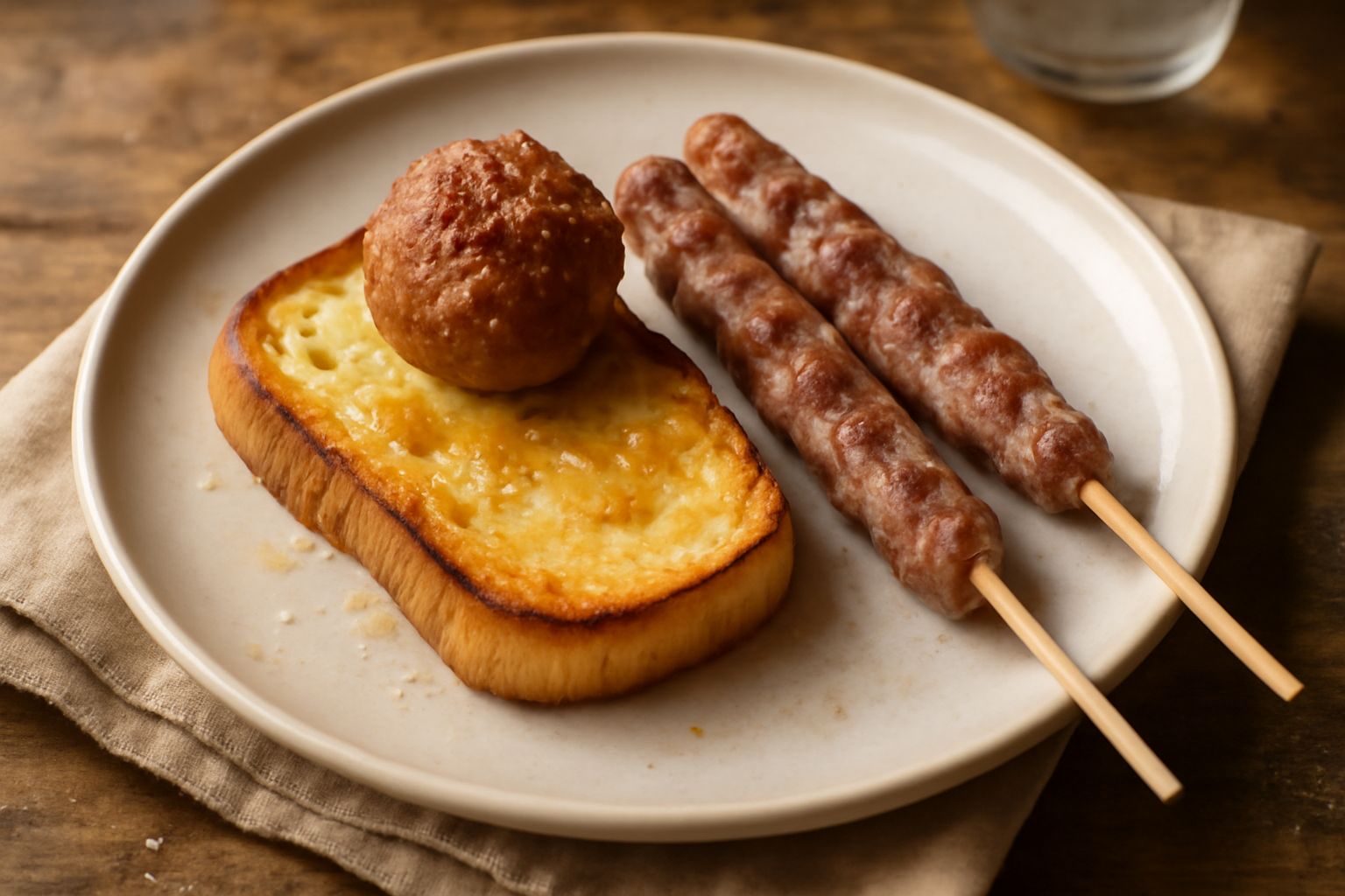 Spuntini di maiale disposti su un tagliere di legno: arrosticini grigio-rosati, pancetta rosa e bianca arrotolata, polpettine dorate accanto a fette di pane tostato e erbe fresche