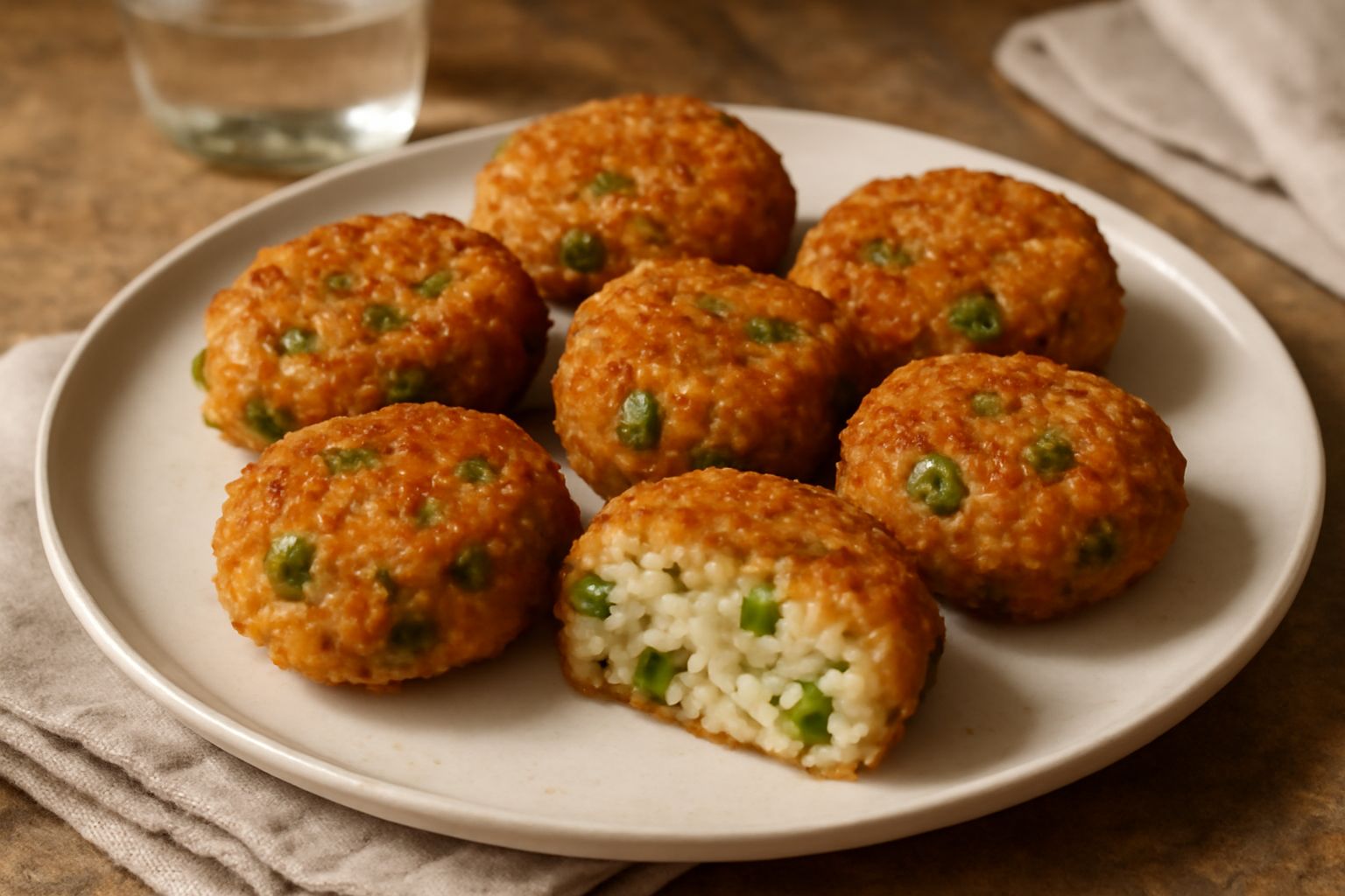 Quattro frittelle dorate e croccanti di forma ovale su un piatto bianco, riso visibile sulla superficie, interno morbido con piselli verdi, contornate da limone fresco a spicchi