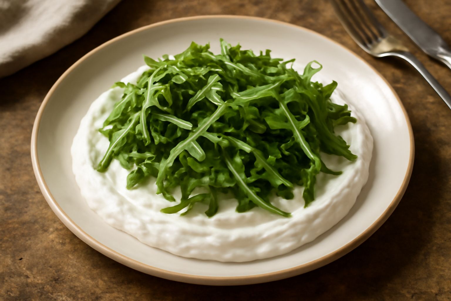 Piatto bianco con squacquerone cremoso spianato al centro, coperto da rucola verde brillante, semi di girasole sparsi e pane tostato dorato ai lati, servito con olio d'oliva