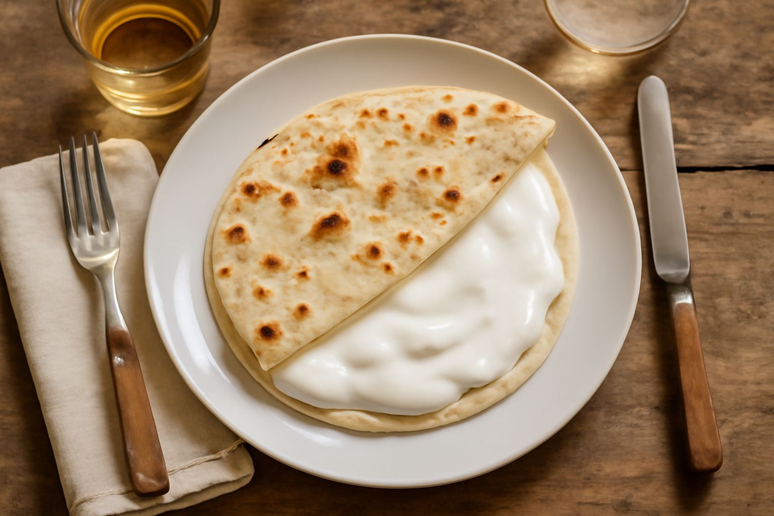 Piadina calda appena sfornata ripiena di squacquerone cremoso bianco, servita su piatto di terracotta con pomodori freschi e rucola accanto