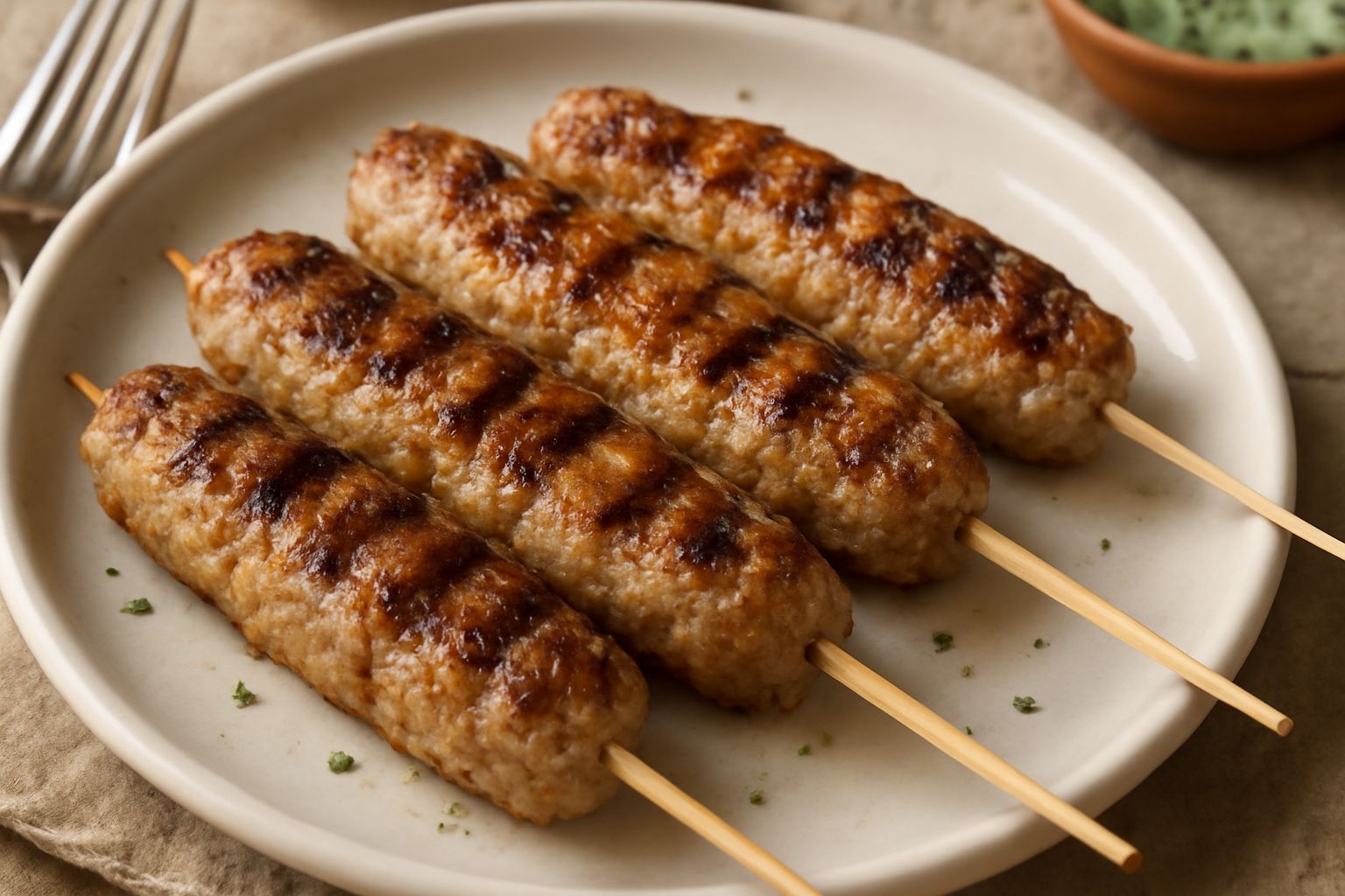 Stecchini di carne rosa e bruniti infilzati su bastoncini di legno, disposti su un piatto bianco con limone fresco e prezzemolo verde