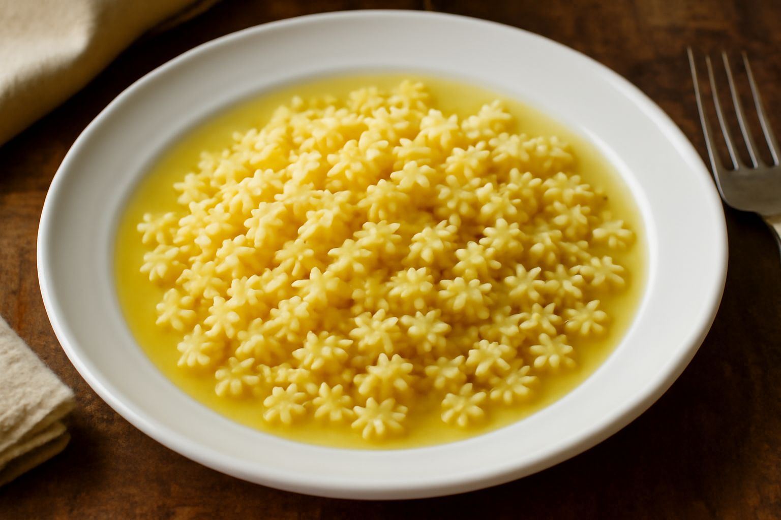 Piatto di ceramica bianca con stellette di pasta al dente di colore giallo paglierino, condite con olio d'oliva leggero e prezzemolo verde fresco, sfondo neutro
