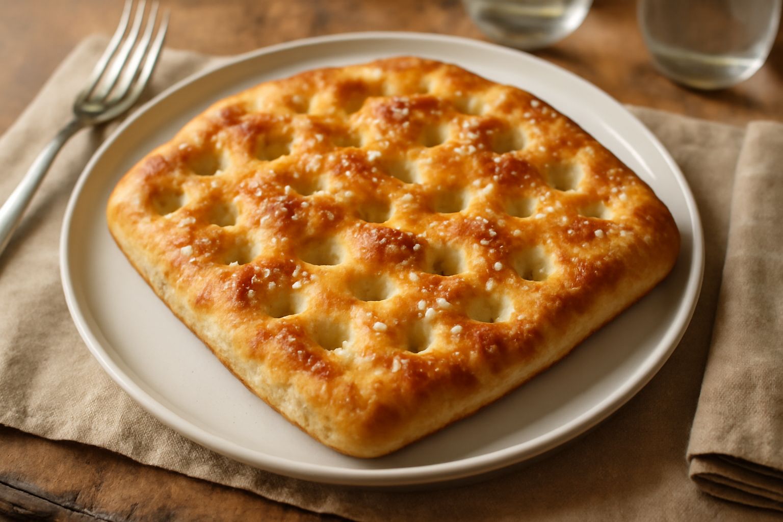 Stiacciata toscana appena sfornata, piatta e dorata, con fossette irregolari sulla superficie cosparsa di olio d'oliva e cristalli di sale grosso, su un tavolo di legno