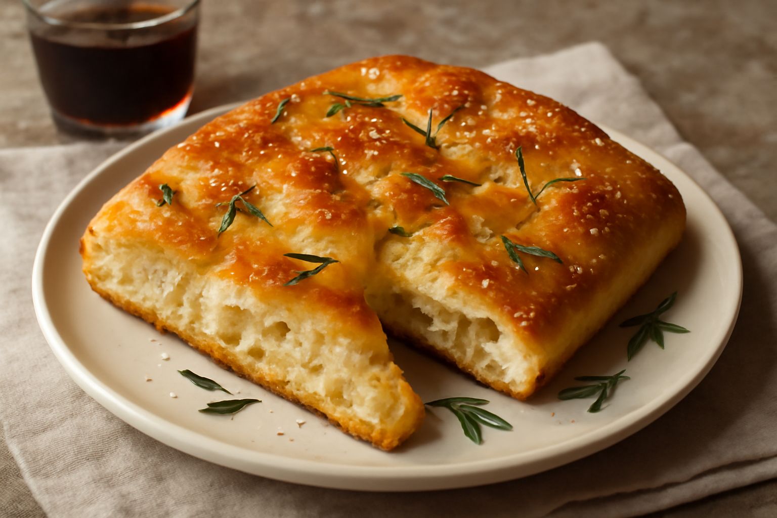 Stiacciata all'olio appena sfornata su un vassoio bianco, superficie dorata e lucida bagnata d'olio con granelli di sale grosso e aghi di rosmarino fresco, spezzata a metà per mostrare la mollica soff