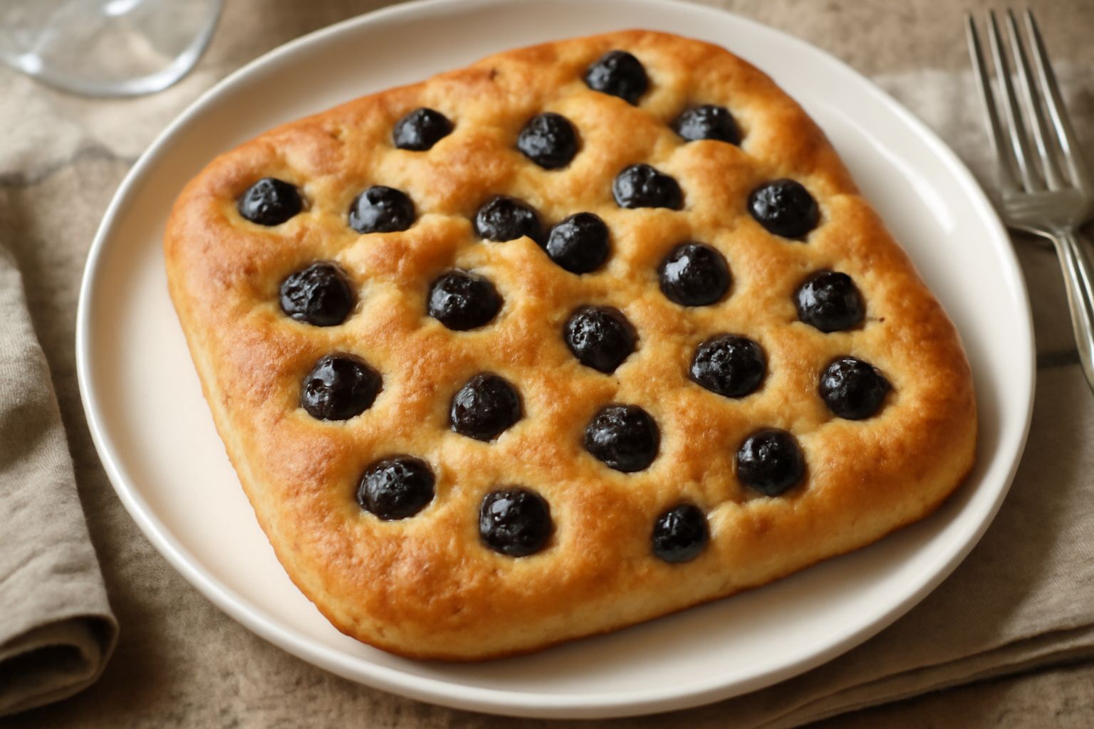 Stiacciata all'uva intera su tavolo di legno, impasto color panna con acini d'uva nera sparsi in superficie e granelli di zucchero, tagliata parzialmente in strisce