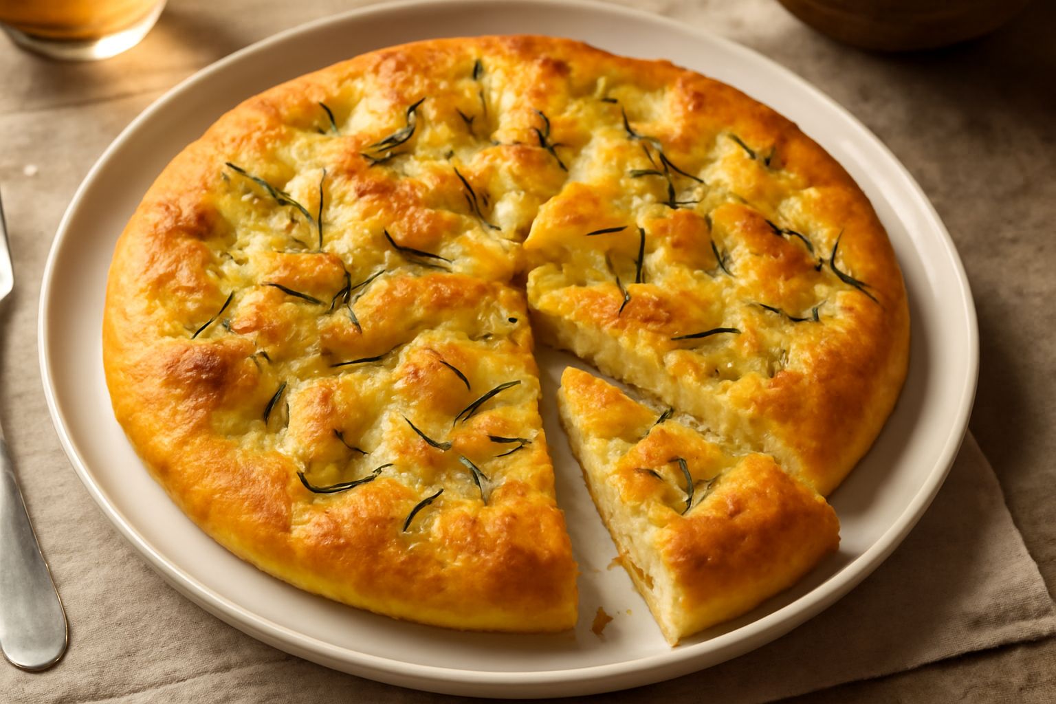 Stiacciata di Lamporecchio appena sfornata, rettangolare bassa, dorata uniforme, solcata dalle dita, cosparsa di grani di sale grosso e rametti di rosmarino fresco, olio d'oliva ancora lucido sulla su