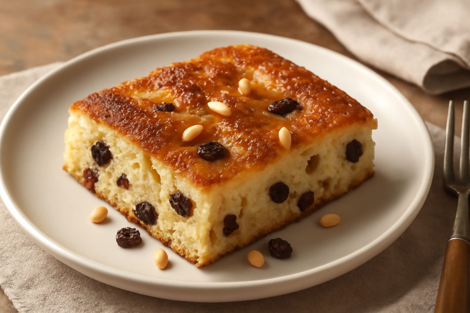 Stiacciata dolce rettangolare su un piatto bianco, con pasta giallo dorato, grani di zucchero cristallizzati sulla superficie, uva sultanina e pinoli ben visibili in primo piano, tagliata in due quadr