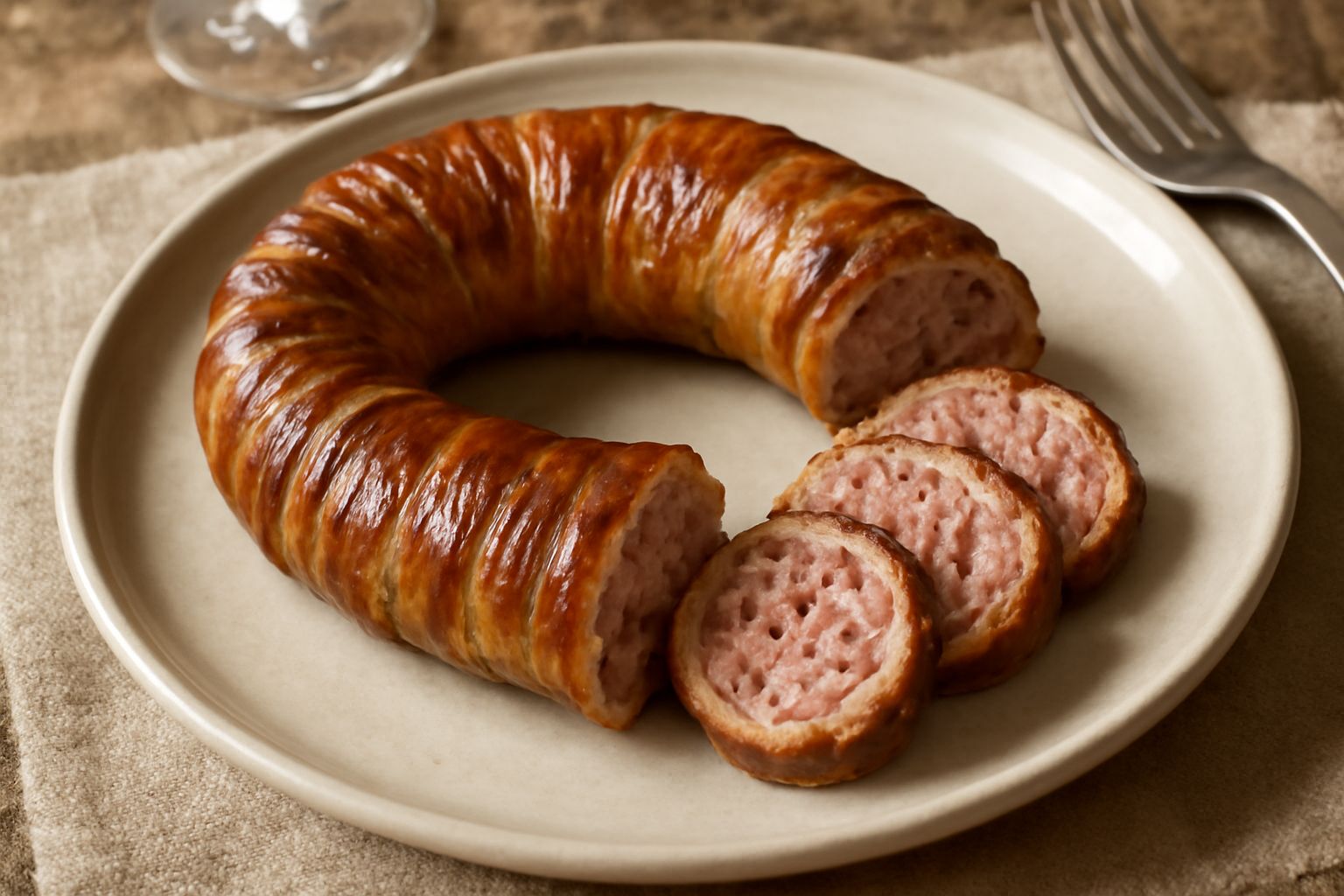 Stigghiola di budella arrotolata e cotta, color marrone dorato, servita su piatto bianco con contorno di verdure, intestino visibile attorcigliato intorno al ripieno di budella