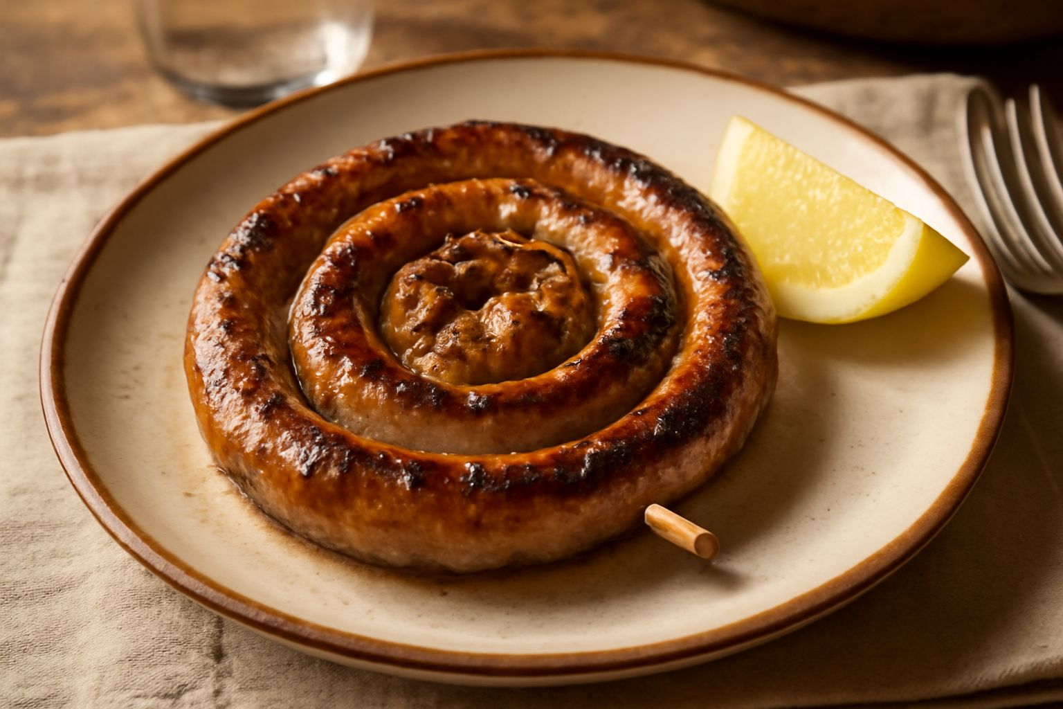 Stigghiole grigliate su un piatto bianco, dorate e leggermente carbonizzate, arrotolate a spirale, con limone a spicchi e prezzemolo fresco verde accanto